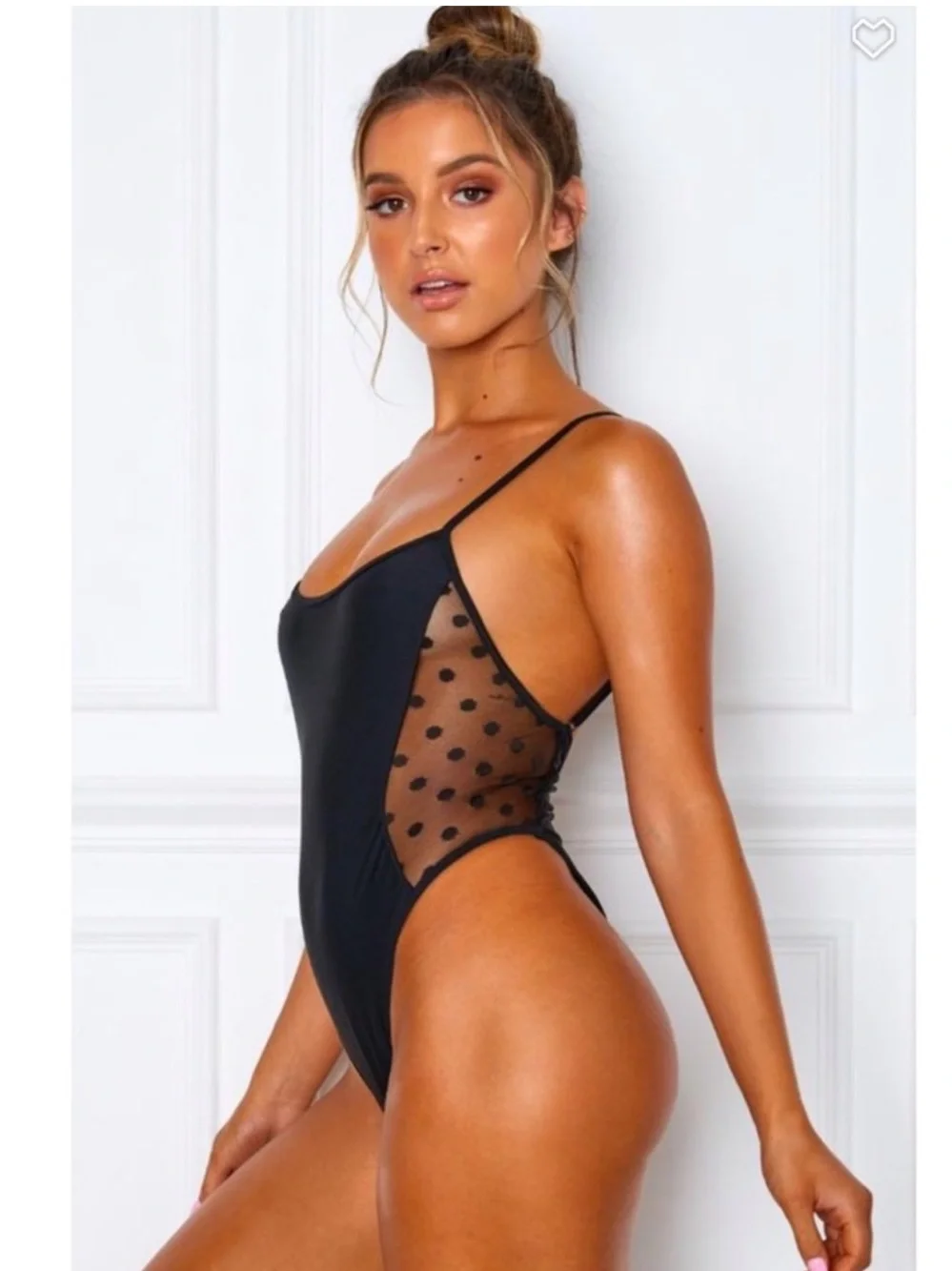 White Fox Swim Low Back Cheeky Black One Piece w Mesh Polka Dot Sides. Size S